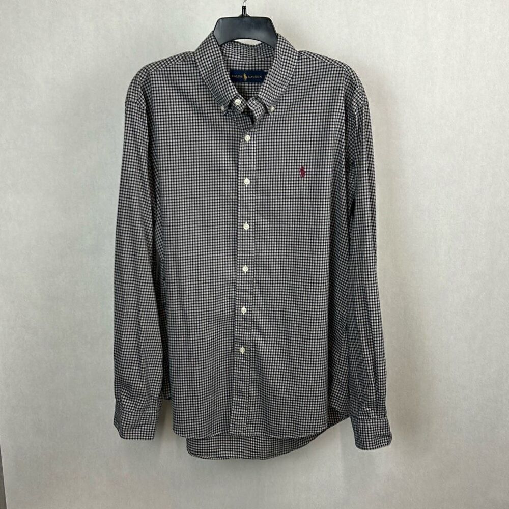 Ralph Lauren Button Front Shirt Mens Sz Large Long Sleeve White Navy Blue Plaid